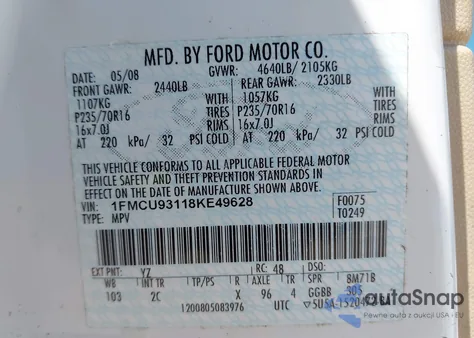 2008 Ford Escape Xlt from USA, damaged, VIN 1FMCU93118KE49628